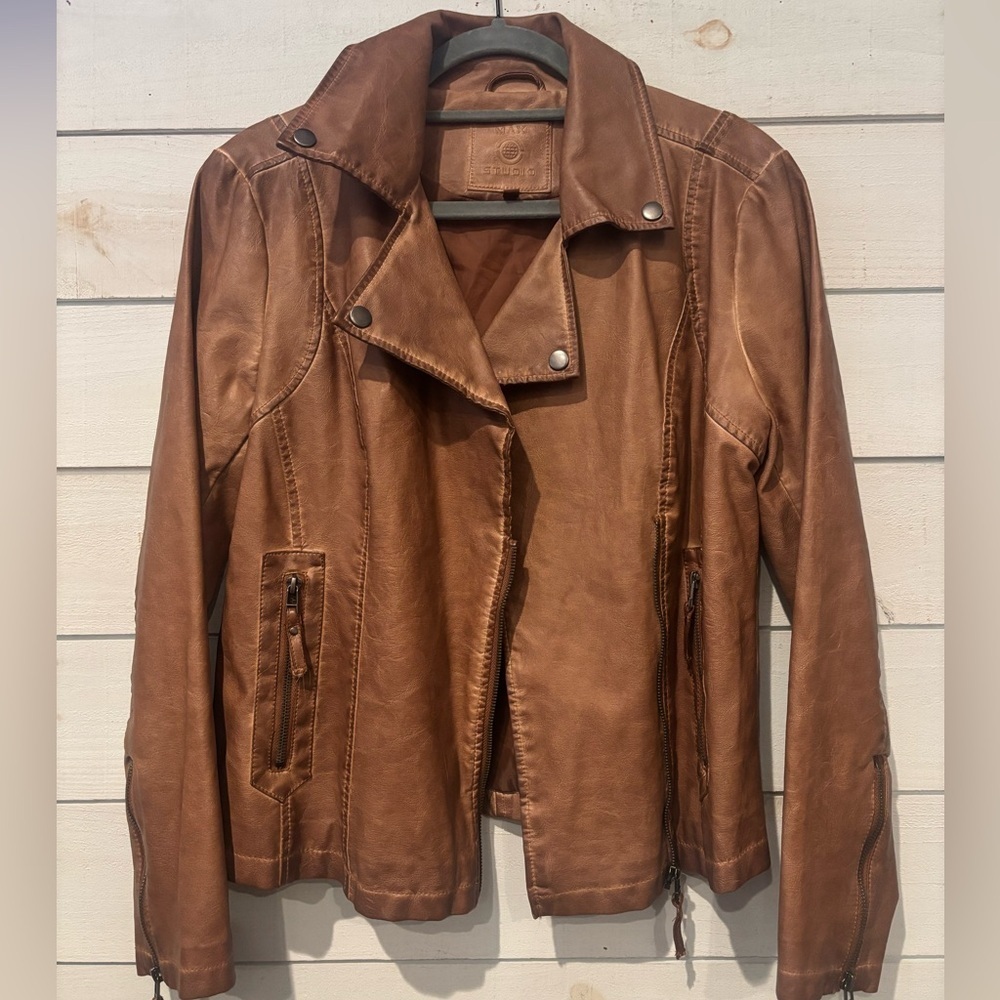 Max Studio Tan Faux Leather Women's Jacket in Great condition!